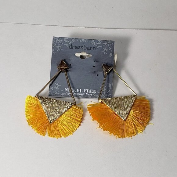 Gold Triangle Yellow Fringed Tassel Post Drop Earrings - 2.5" Women's Jewelry - Picture 6 of 9